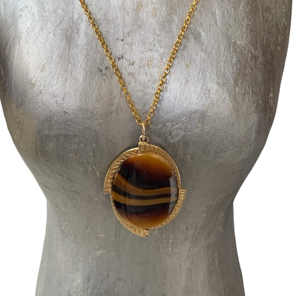 Vintage SARAH COVENTRY Glass Tigers Eye Oval Gold Plated Necklace Jewelry - Picture 2 of 7